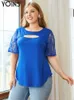 Women's Plus Size T-Shirt YOINS Sexy Hollow Out Tunic Tops Summer Women's Short Sleeve Lace Patchwork Blouses Plus Size Casual Solid Blusas Femininas 230216