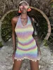 カジュアルドレスDulzura Tie Dye Rainbow Stripe Print Lace up Halter Ribbed Mini Dress Backless Bodycon Sexy Streetwear Club 2022 Summer T230210
