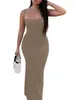 Günlük Elbiseler Wsevypo Kadınlar Seksi Askı Bodycon Elbise 2023 Yaz Düz Renk Kolsuz Düşük Kesim Yuvarlak Boyun Sling Uzun Sundress Clubwear