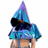 Kostuumaccessoires Shiny PU Leather Holographic Cape Unisex Cosplay Metallic Death Short Hooded Rave Festival Cloak Hat Halloween Costumeco