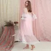 Bridesmaid Dress Women Ladies Sexy Night Two Pieces Long Sleeve Nightgown Nightdress Lace Chiffon Nightwear For Bridal Boudoir