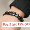 Strand Black Frosted Bead Armband For Men Cube Dice Hematite Micro Insert Zircon Beading Set