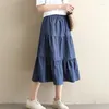 Pantolon 2023 İlkbahar Yaz Vintage Pildled Pileli Kot Partisi Etek Kadınların Uzun Yüksek Bel Denim Etekleri Siyah Mavi