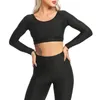 Ensembles actifs Femmes texturé Yoga ensemble vêtements d'entraînement vêtements de sport Fitness à manches longues haut court taille haute Leggings sport soutien-gorge costumes