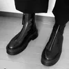 A fileira de couro liso tornozelo Chelsea Boots plataformas zíper deslizamento no dedo do pé redondo salto bloco botas planas botas bota robusta para mulheres fábrica uggdkjge