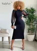 Casual Dresses Nadafair Mesh Puff Sleeve Sexy Bodycon Women High Neck Club Outfits Back Split Black Party Maxi Winter 230216