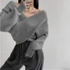 Camisolas femininas 2023 outono vintage com decote em V pull over sexy fora do ombro crossover suéter jumpers para mulheres coreana elegante senhora tricô pullovers