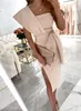 Casual Dresses Women Elegant Sashe Slim Party Fashion Commute Lady Bodycon Pink Sexy One-Shulder Slit Midi Vestido 230216