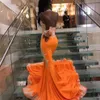 Oranje halter lange zeemeermin prom jurken kanten appliques open terug zwart meisje formele avond feestjurken op maat gemaakte vestidos de feast 2023