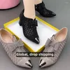 Sandals Hollow Mesh Shoes Women's Summer Rhinestone عالية الكعب مدبب بأصابع قدمية كبيرة الحجم