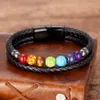 Charm armband chakra män armband 7 färg naturlig yoga läkande sten pärlor svart äkta läder hommes pulseras smycken gåvor 230215