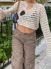 T-shirt das mulheres Cuteandpsycho Y2K Hollow Out Cropped Knit Smock Top Vintage Solto Angustiado Crochet Pullovers Casual Fairycore Chic Crop Pano 230215