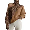Men's Sweaters Sexy Leopard Print Hollow Sweater Elegant Off Shoulder Turtleneck Winter Pullover Women Clothing Fashion Tops