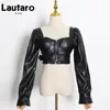 Womens Leather Faux Leather Lautaro Y2K Black Faux Leather Crop Top Women Square Neck Long Sleeve Zipper Croped Jacket Sexigt backless Fashion 5xl 6xl 230216