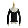 T-shirt da donna Vintage Bianco Manica lunga Crop Top Donna Collo quadrato Nero 2023 Moda Camicia sottile Color Block Top Carino T-shirt sexy