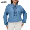 T-Shirt grande taille femme chemise en Jean femmes printemps automne grande taille Blouses en Denim à lacets dames en vrac hauts mode grande taille femme Jean chemises 230216