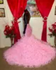 Pink O Neck mermaid Prom Dresses Black Girls Sparkly gillter Ruffles tiered skirt african aso ebi Evening occasion Gown