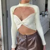 Women's T Shirts Chic Turtleneck Hollow Out Crop Tops Women's Autumn Long Sleeve SexyRib Solid Color Top Midriff-baring Slim Fit