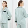 Women's Sleepwear Women's Spring 2PCS Full Sleeve Faux Silk Pajamas Suit Autumn Loose Home Clothes Lace Trim Pyjama Casual Nightwear