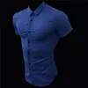 Men's Dress Shirts Summer Fashion Short Sleeve Super Slim Fit Male Casual Social Business Brand Fitness Sports Clothing 230216