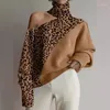 Männer Pullover Sexy Leopard Print Hohl Pullover Elegante Off Schulter Rollkragen Winter Pullover Frauen Kleidung Mode Tops