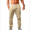 Herenbroek mannen linnen trekstring 2023 veer vaste ademende elastische taille losse lange broek mannelijke mode casual pocket sport 230215