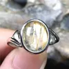 Cluster Rings 12mm Natural Gold Rutilated Quartz Ring For Woman Man Gift Wealth Luck Crystal Oval Beads Silver Adjustable Jewelry