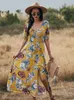 Casual jurken lente zomer lange bloemen verbandjurk vrouwen sexy v nek slanke hoge taille dames a line print maxi 230216