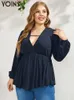 Damen Plus Size T-Shirt YOINS Plus Size Blusen Mode V-Ausschnitt Langarm Damen Shirts Asymmetrischer Saum Blusas Marine Tunika Herbst Damen Tops 4XL 230216