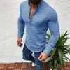 Mäns casual skjortor hösten män linne skjorta fast färg vridning krage långärmad gentleman fitness stiliga kläder