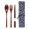 Dinnerware Sets 4-piece Set Solid Wood Spoon Fork Chopsticks Cloth Bag Long Handle Portable Dining Outdoor Picnic Tableware For Home Kitchen