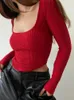 Women's T Shirts 2023 Red Square Neck Long Sleeve Women Basic Skinny Casual Autumn Winter Sexig Crop Top Streetwear Y2K Ruched