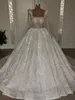 Shiny Ball Gown Wedding Dress Scoop Neck Sequins Beads Lace Long Sleeves Sweep Train Custom Made Bridal Gowns Vestido De Noiva