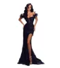 2023 Black Split Sexy Sequins Mermaid Prom Dresses Long Reception Feather Evening Gowns African Women Formal Party Vestidos de fiesta BC15160 0216