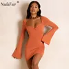 Повседневные платья Nadafair Flare Ryeve Bodycon Sexy Mini Party Dress Green Vintage Low Neck Long Slim Winter для женщин 2023 фестиваль