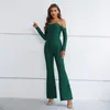 Women's Two Piece Pants Green Color Shining Diamonds Line Neck Sexy Out Off Shoulder Top And Set Fashion Streetwear Office Lady Women's