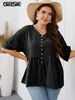 Mulheres Plus Size Camiseta Gibsie Plus Size Botão Sólido Frente Peplum Top Blusa Mulheres Verão Meia Manga Coreano Casual Senhoras V Neck Blusas 1XL 2XL 3XL 230216