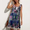 女性の夏のカジュアルドレスルーズタッセルノースリーブプリントドレス