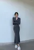 Günlük Elbiseler Gri Uzun Kollu Kalem Elbise Kadınlar İçin Sonbahar 2023 Stil Orta Uzunluk Balıkçı Sarısı Alt İnce Bodycon Dress