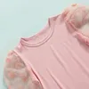 衣料品セット2PCS甘いスタイルの小さな女の子の服服服ドットメッシュスプラングパフ長袖ラウンドカラートップデニムショーツセット