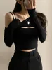 Women's T-Shirt Rockmore 2 Piece T-Shirt And Cami Crop Top Women Y2K Harajuku Long Sleeve Skew Collar Casual Basic Tight Tees Female Korean 230215