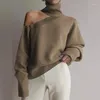 メンズセーターセクシーなヒョウ柄のホローセーターエレガントオフショルダータートルネック冬のプルオーバー女性服ファッショントップス