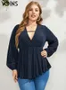 Damen Plus Size T-Shirt YOINS Plus Size Blusen Mode V-Ausschnitt Langarm Damen Shirts Asymmetrischer Saum Blusas Marine Tunika Herbst Damen Tops 4XL 230216