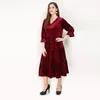 Plus Size Dresses Spring Elegant Pleated Velour Dress Russian Autunm Long Sleeve Velvet Dress.lace Up Vintage Party Vestidos