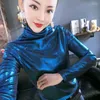 Women's T Shirts Autumn Spring Glossy Bright Long Sleeve T-shirt Female Plus Size Turtleneck Dance Lady Clothes Pullover Top