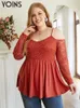 Women's Plus Size T-Shirt YOINS Women's Stylish Blouses Sexy Cold Shoulder Long Sleeve Tunic Tops Autumn Lace Patchwork Casual Ruffles Shirts Plus Size 230216