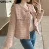 Damesjassen Lente Roze Cropped Tweed Jas Dames Design Chique Jas Elegant Street chic Kort Uitloper Enkele rij knopen Kwasten Chaquetas 2023 230215