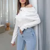 Kadın Tişörtleri 2023 Sonbahar Kadın Moda Düz Renk Mizaç Zarif Seksi Eğik Yakalı Düzensiz Uzun Kollu Gömlek Bluz