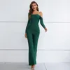 Women's Two Piece Pants Green Color Shining Diamonds Line Neck Sexy Out Off Shoulder Top And Set Fashion Streetwear Office Lady Women's