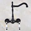 Bathroom Sink Faucets Black Oil Rubbed Bronze Kitchen Faucet Mixer Tap Swivel Spout Wall Mounted Two Handles Mnf861